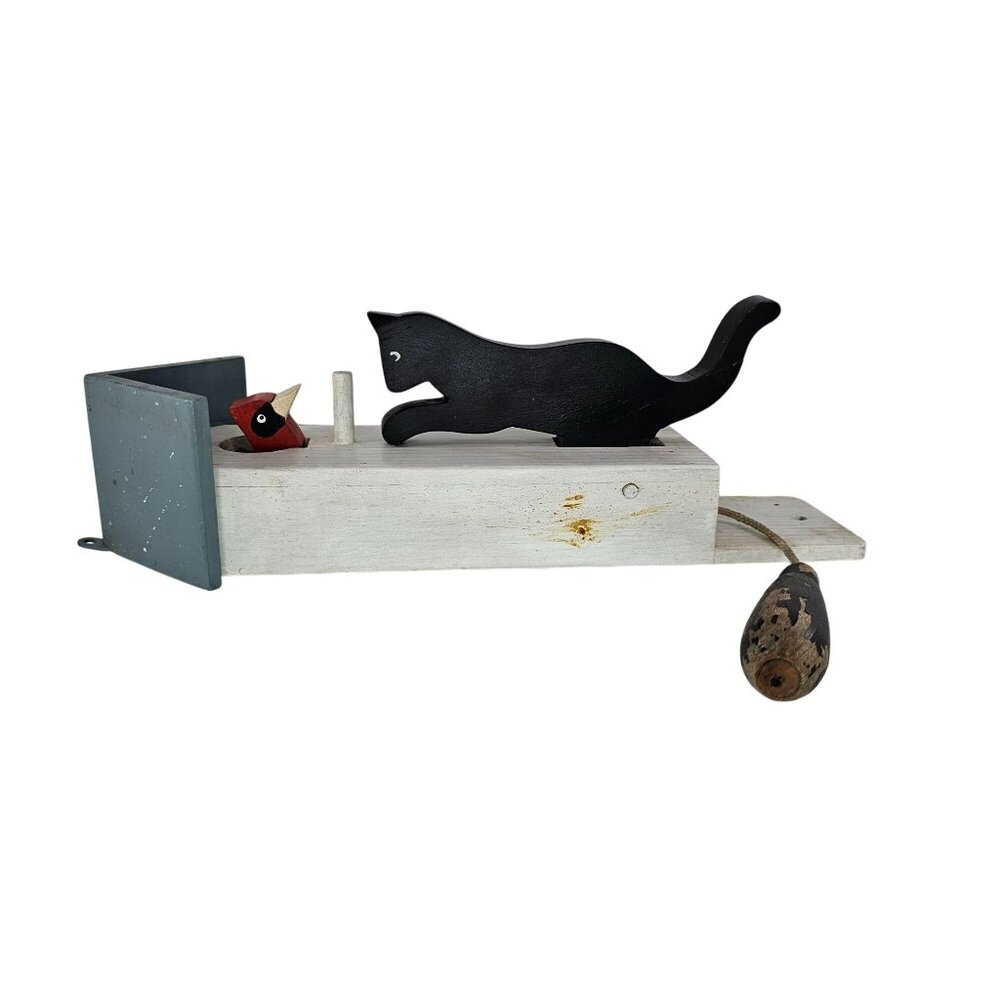 Handcrafted Wooden Cat & Red Cardinal Birdhouse String-Activated Knocker Decor
